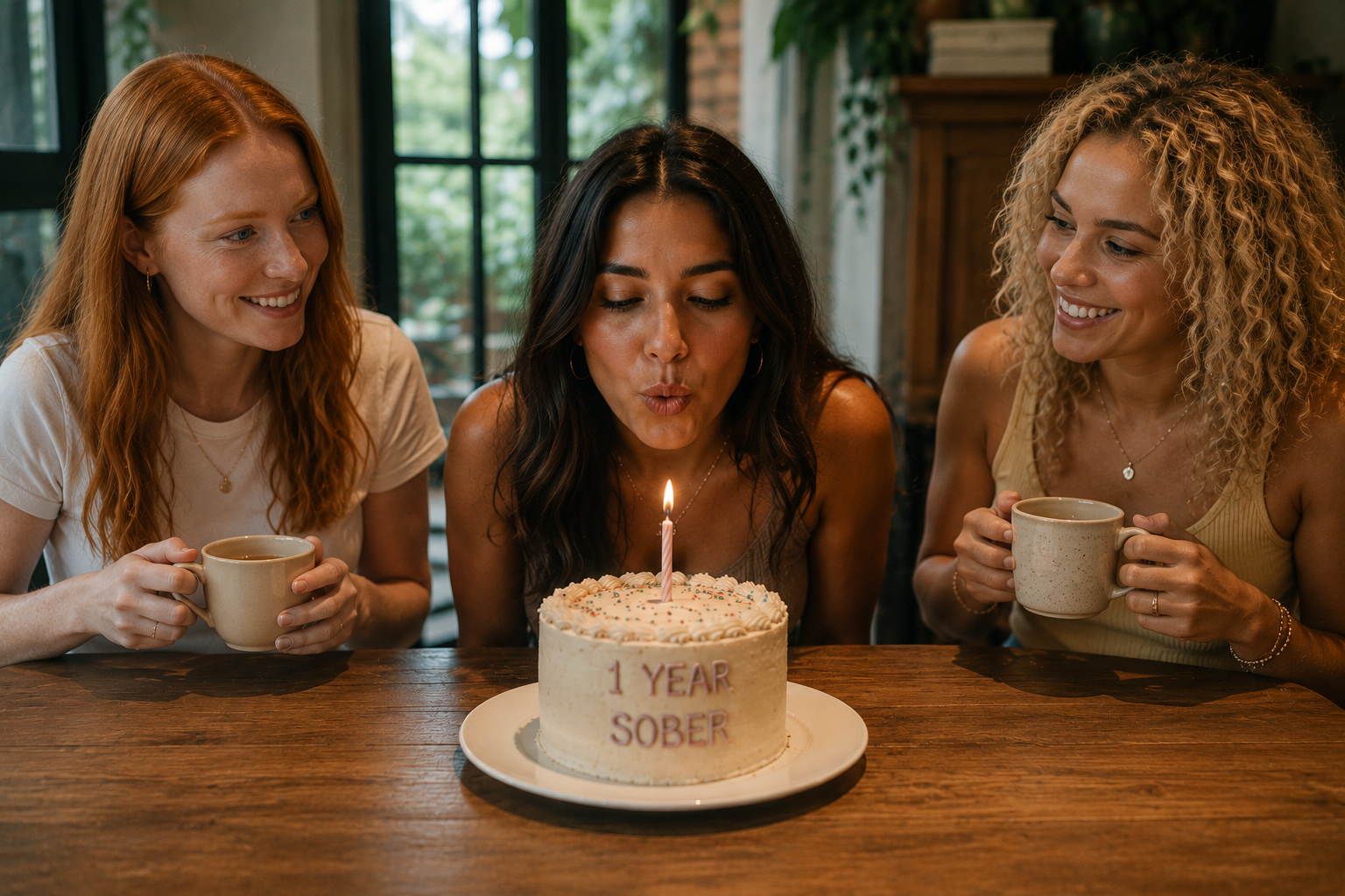 one year sober friends celebrating their friend's one year soberity