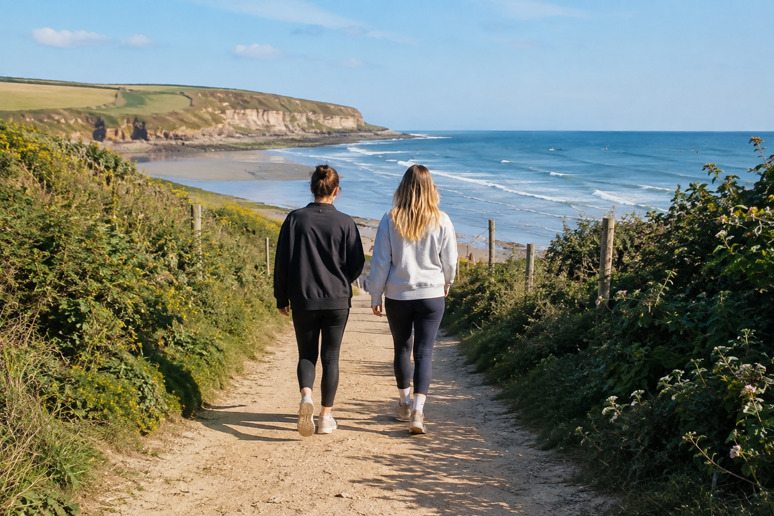 two woman walking