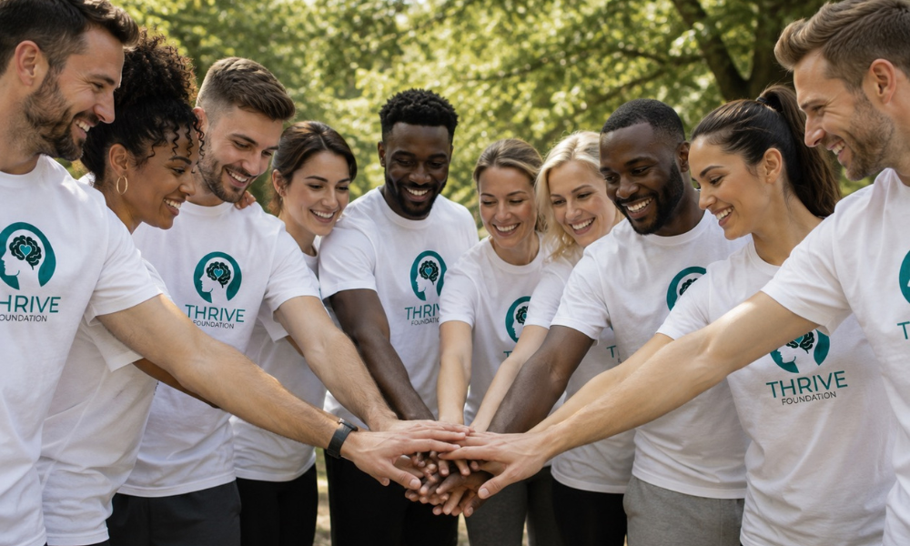 mental health charity team forming a hand circle